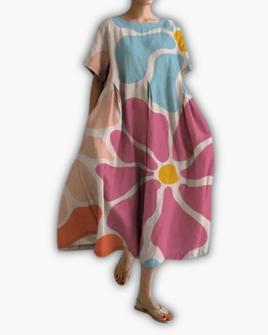 Dames Midi-jurk met Korte Mouwen en Ronde Hals Oversized Roze Bloemenprint