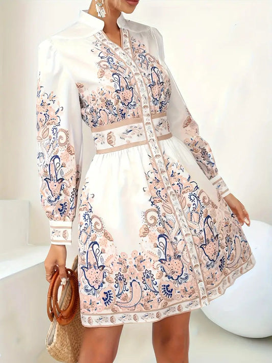 Dames Midi Jurk met Lange Mouwen, V-hals en Paisley Print