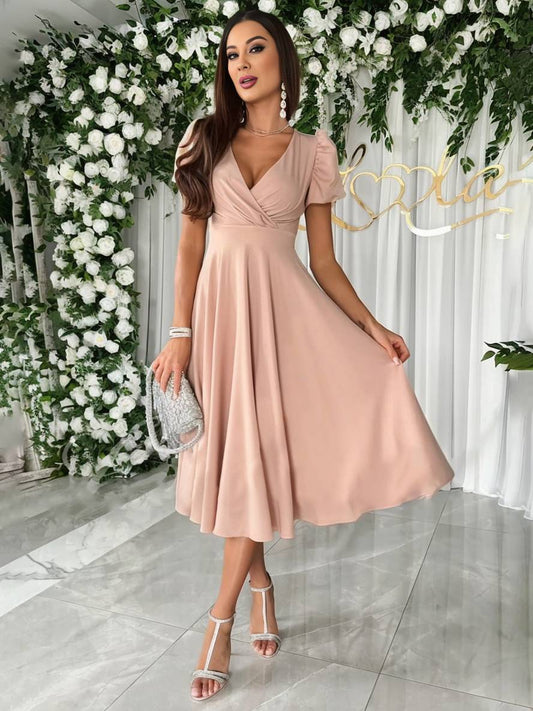 Dames Midi Jurk met Pofmouwen en Wijd Uitlopende Rok Roze