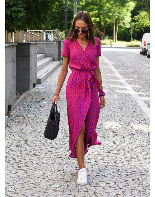 Dames Midi Jurk met V-hals en Wikkelstijl Korte Mouw met Bloemen en Stippenprint Rood Roze