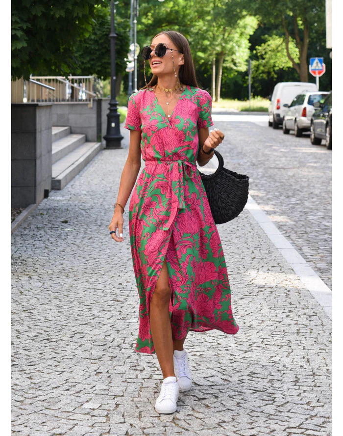 Dames Midi Jurk met V-hals en Wikkelstijl Korte Mouw met Bloemen en Stippenprint
