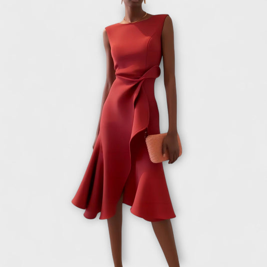 Dames Midi Jurk Mouwloos met Asymmetrische Zoom en Drapering Rood