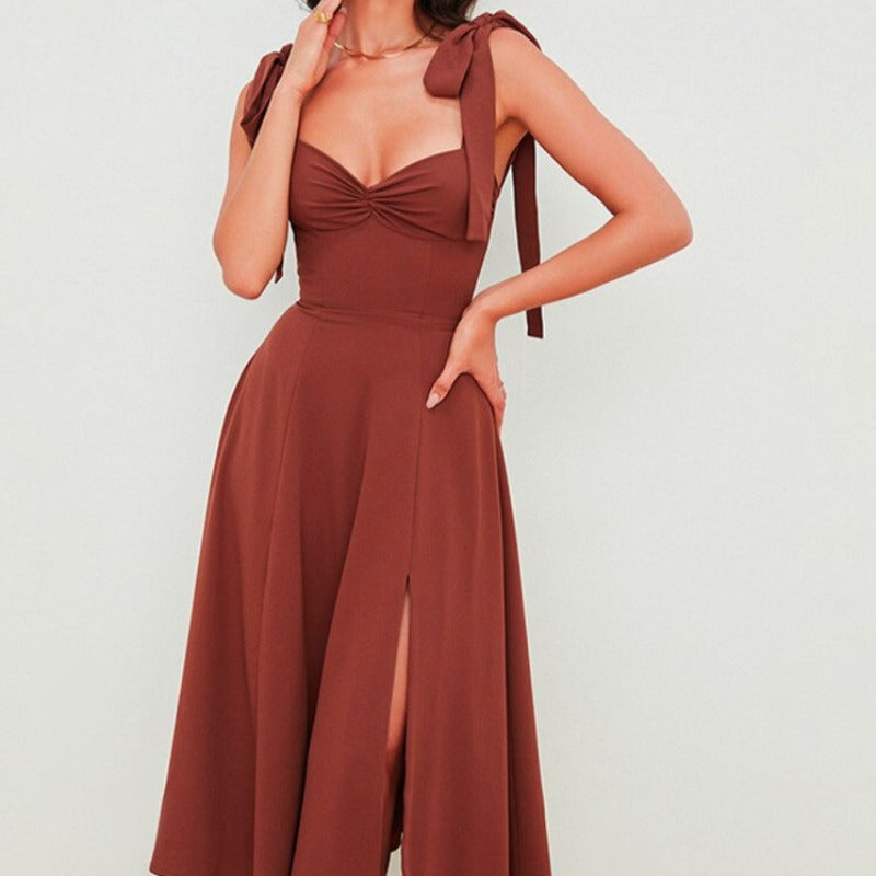 Dames Midi Jurk Rozekleurig met Strikbandjes en Sweetheart Decolleté