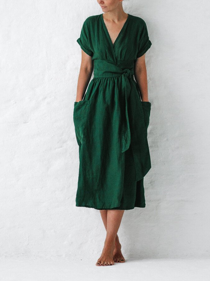 Dames Midi Wikkeljurk Korte Mouw met V-hals en Strikceintuur Groen