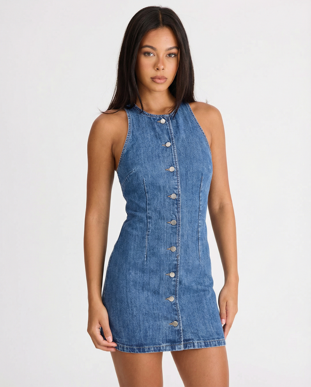 Dames Mouwloze Denim Mini Jurk met Knoopsluiting aan de Voorkant