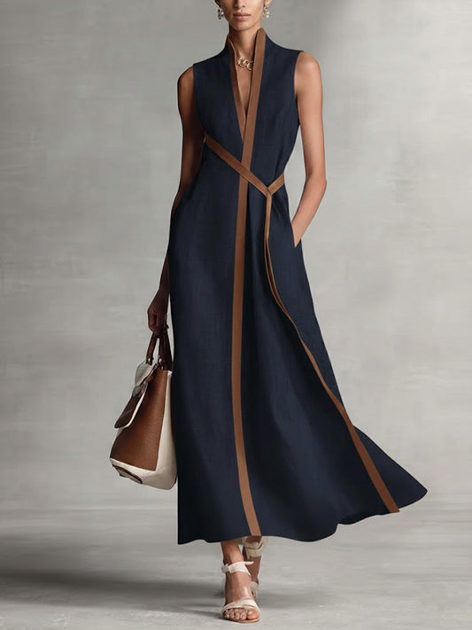 Dames Mouwloze Maxi Jurk met V-hals en Contrasterende Bies Marineblauw