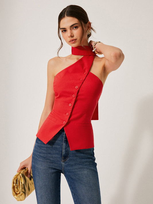 Dames Mouwloze Vest Top met Halternek en Asymmetrische Sluiting Rood