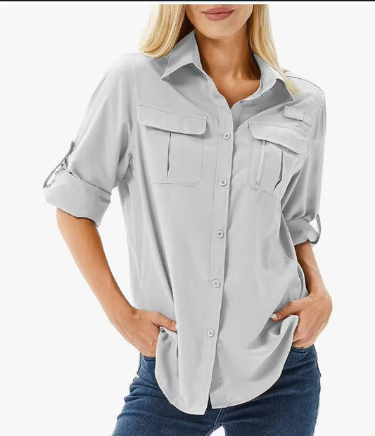 Dames Outdoor shirt met Lange Mouw, Oprolbare Mouwen en UPF 50 Zonbescherming