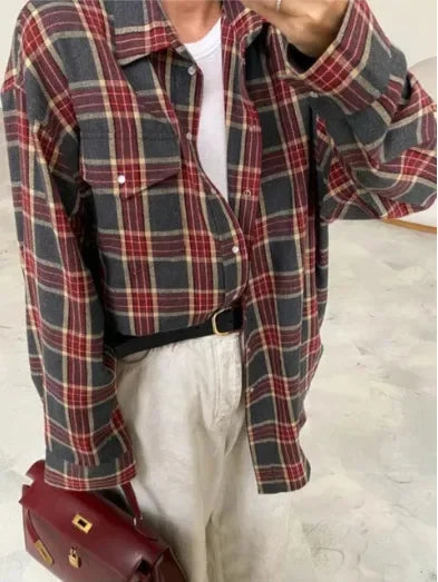 Dames Overhemd Geruit Oversized Lange Mouw met Knoopsluiting Rood