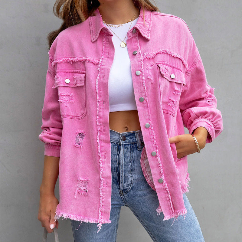 Dames Oversized Spijkerjack met Distressed Details en Rafelige Randen Roze