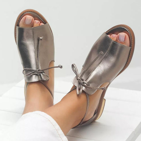 Dames Sandalen met Open Neus, Strikbandje en Platte Zool Zilver