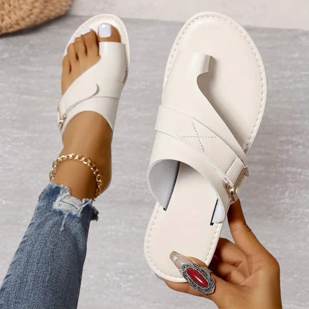 Dames Sandalen met Teenring en Gesp Platte Zool Wit
