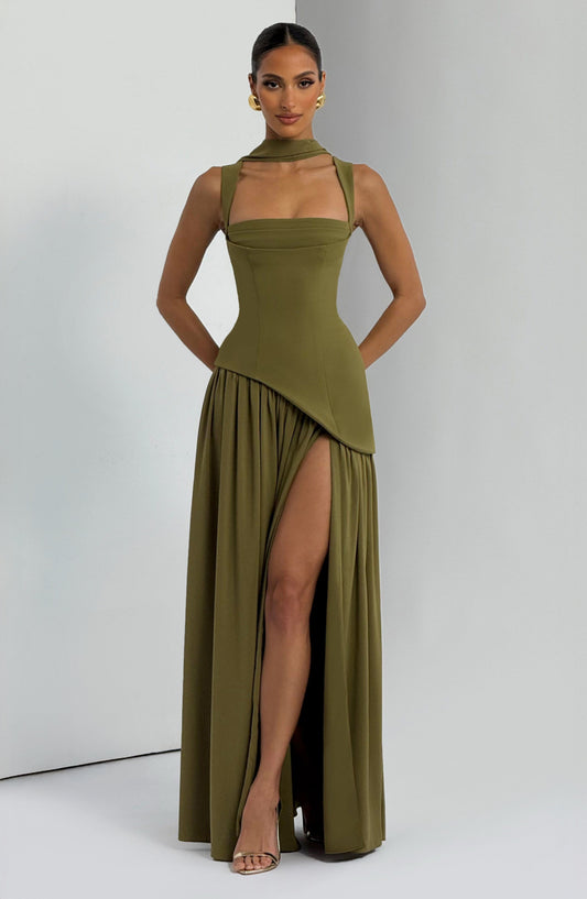 Dames Strapless Maxijurk met Corset Lijfje en Asymmetrische Taille
