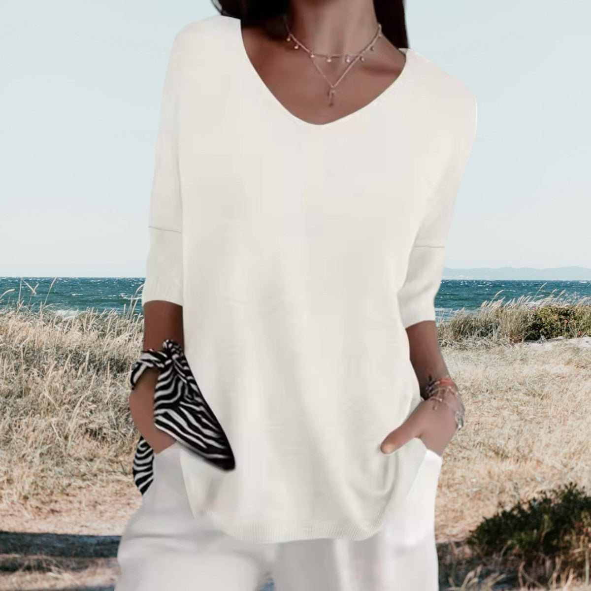 Dames Sweater V-hals met 3/4 Mouwen Oversized Pasvorm Wit