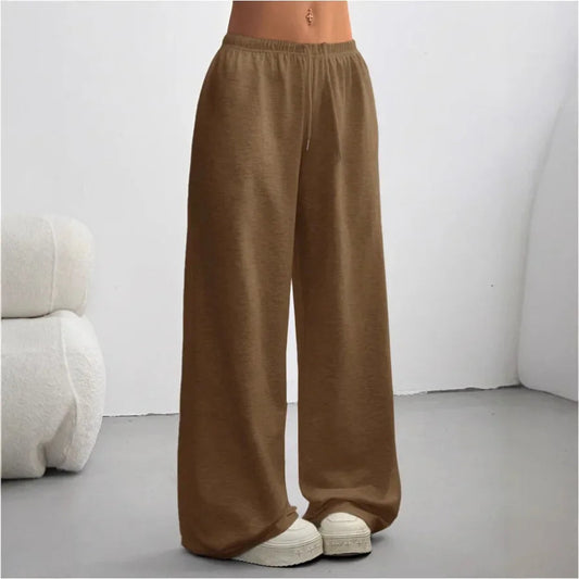 Dames Sweatpants Wide Leg met Elastische Taille en Trekkoord Donkerbruin