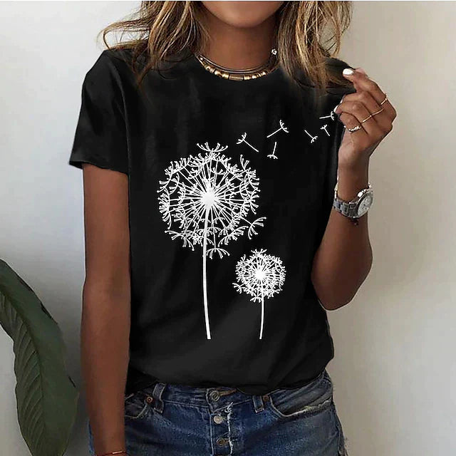Dames T-shirt Korte Mouw met Ronde Hals en Paardenbloem Print