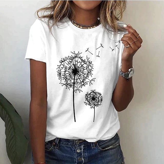 Dames T-shirt Korte Mouw met Ronde Hals en Paardenbloem Print