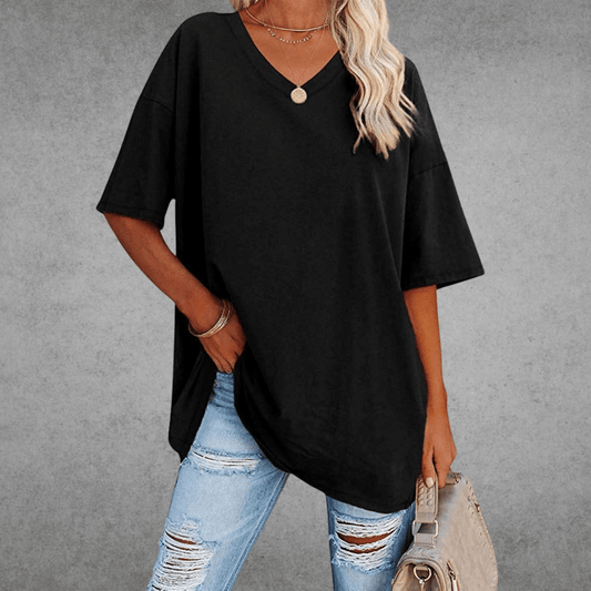 Dames T-shirt met V-hals en Korte Mouwen Oversized Zwart