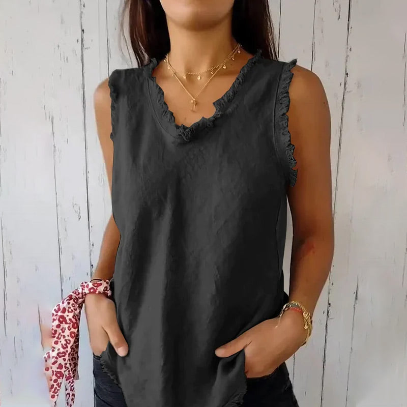 Dames Tank Top Mouwloos met V-hals en Gerafelde Randen
