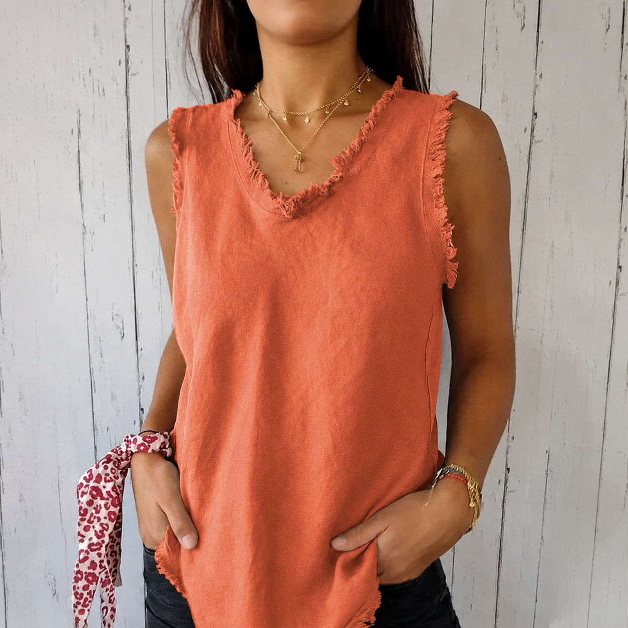 Dames Tank Top Mouwloos met V-hals en Gerafelde Randen Oranje