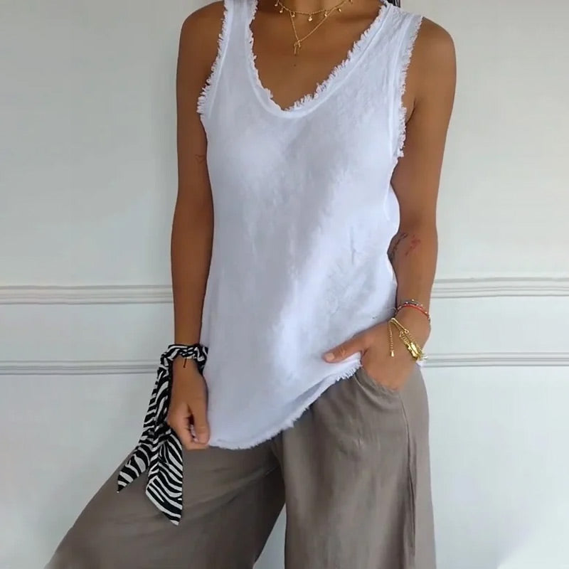 Dames Tank Top Mouwloos met V-hals en Gerafelde Randen Wit
