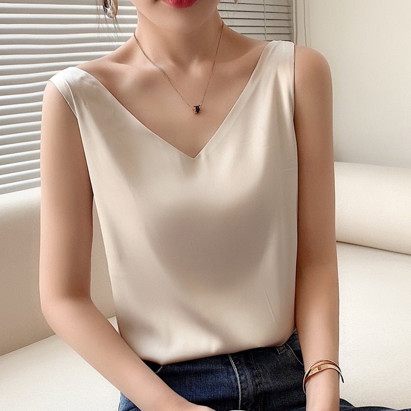 Dames Tank Top Mouwloos met V-hals en Glanzende Finish