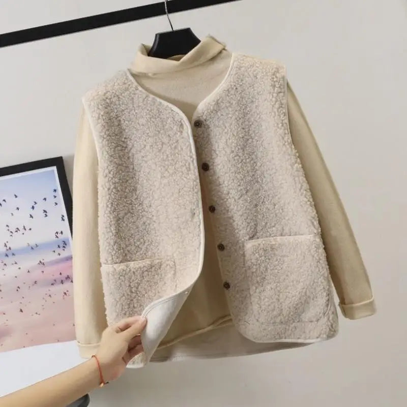 Dames Teddy Gilet met Zakken en Losse Pasvorm Beige