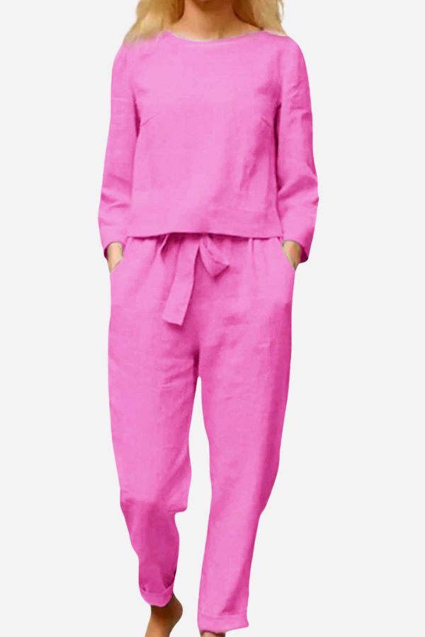 Dames Tweedelige Set met Lange Mouwen en Strikceintuur Roze