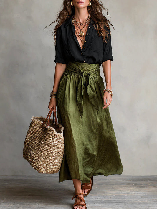 Dames Tweetelige Set Midi Rok met Strikceintuur en Blouse met Knoopsluiting Zwart Groen