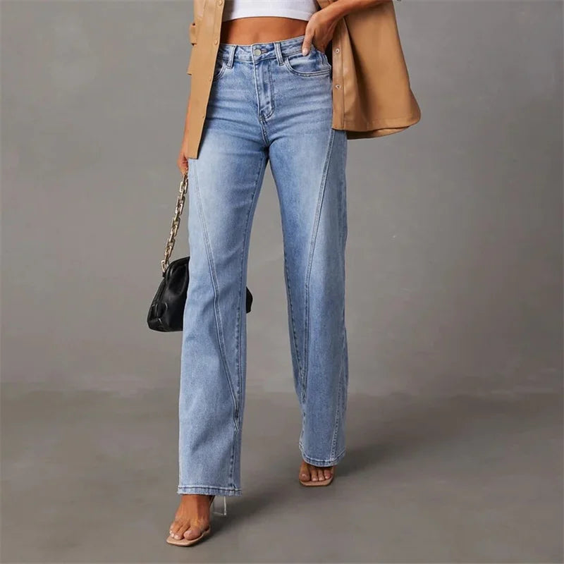 Dames Wijde Jeans met Hoge Taille en Naaddetail