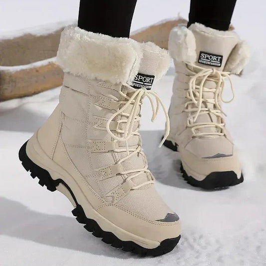 Dames Winter boots met Pluchen Rand en Vetersluiting Beige