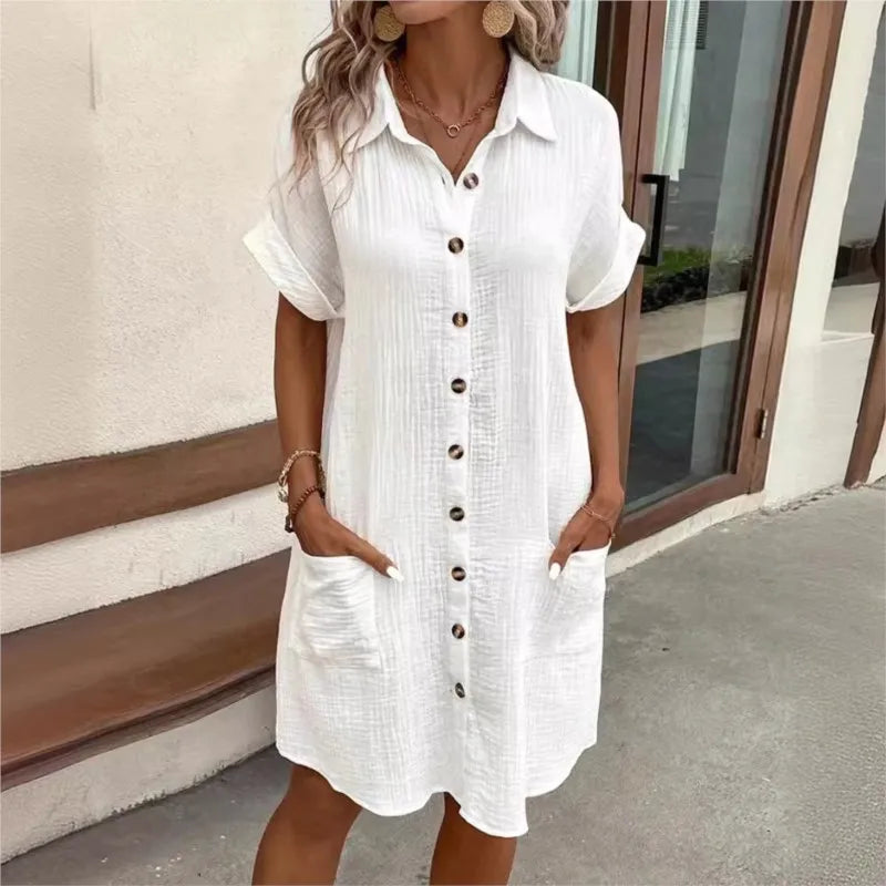 Dames Zomerjurk Korte Mouw met Button-down Kraag en Zakken Wit