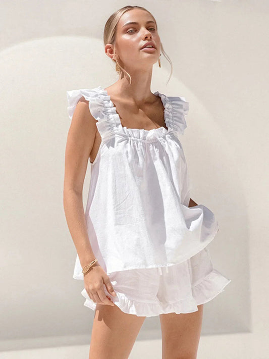 Dames Zomerset Mouwloze Top met Volants en Short Wit