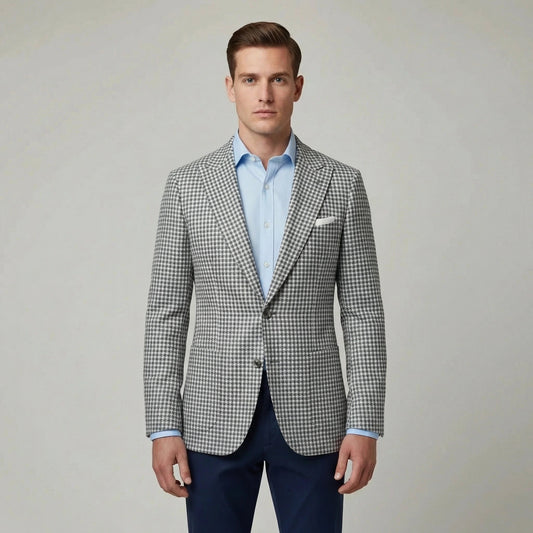Heren Blazer met Pied-de-Poule Patroon en Slim Fit Revers Grijs Wit
