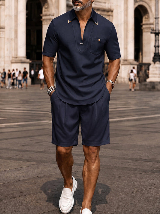 Heren Kleding Set Korte Mouw Polo met V-hals en Shorts Marineblauw