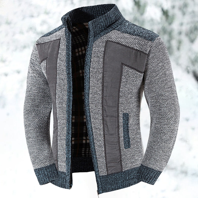 Heren Gebreid Vest met Rits en Patchwork Detail Lichtgrijs