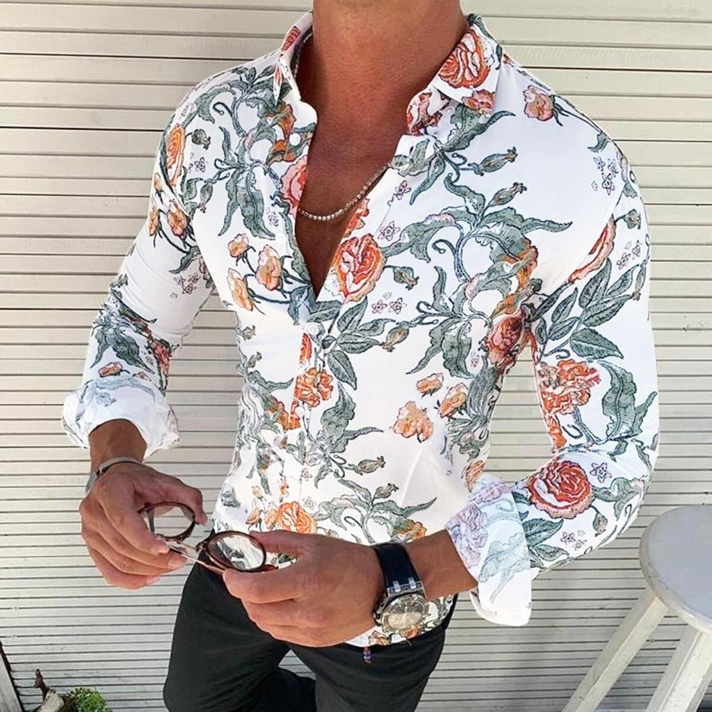 Heren Hawaiihemd met Bloemenprint en Lange Mouwen Wit