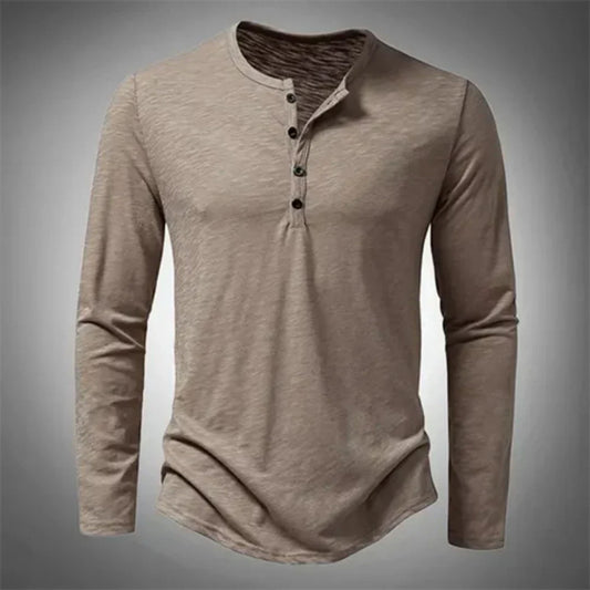Heren Henley Shirt met Lange Mouw en Knoopsluiting Beige