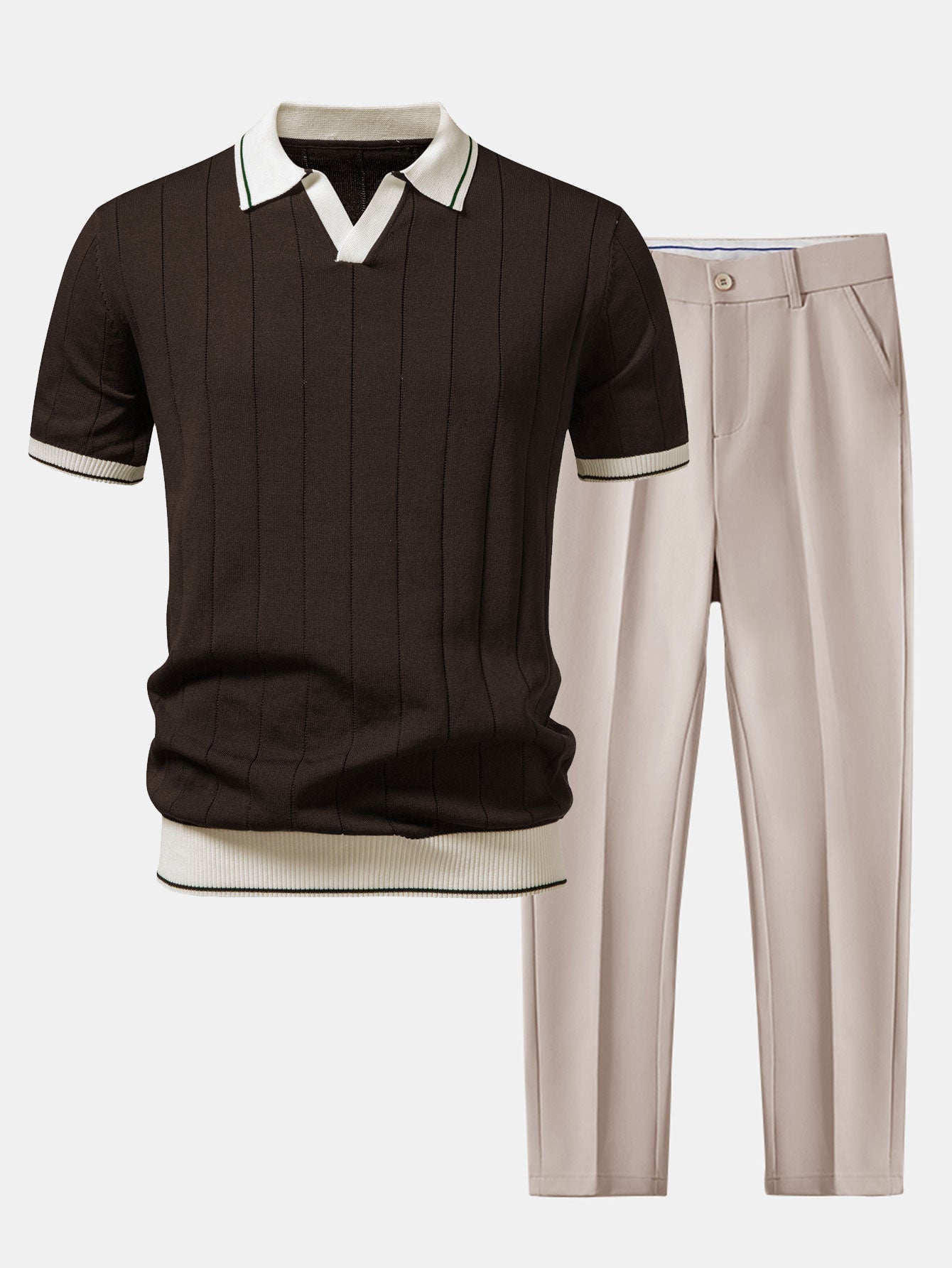 Heren Polo Korte Mouw en Getailleerde Broek Smart Casual Set met V-hals Bruin