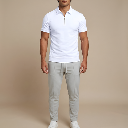Heren Polo Korte Mouw met Rits en Slim Fit Kraag Wit