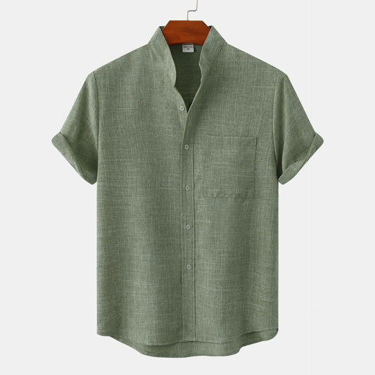 Heren Shirt Korte Mouw met Opstaande Kraag en Borstzakje Groen
