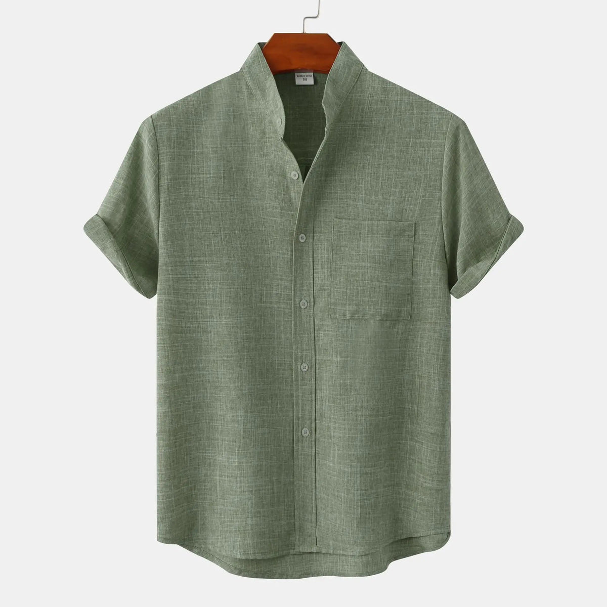 Heren Shirt Korte Mouw met Opstaande Kraag en Borstzakje Groen
