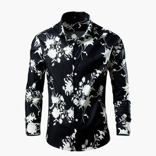 Heren Shirt Lange Mouw met Botanische Print en Klassieke Kraag Zwart