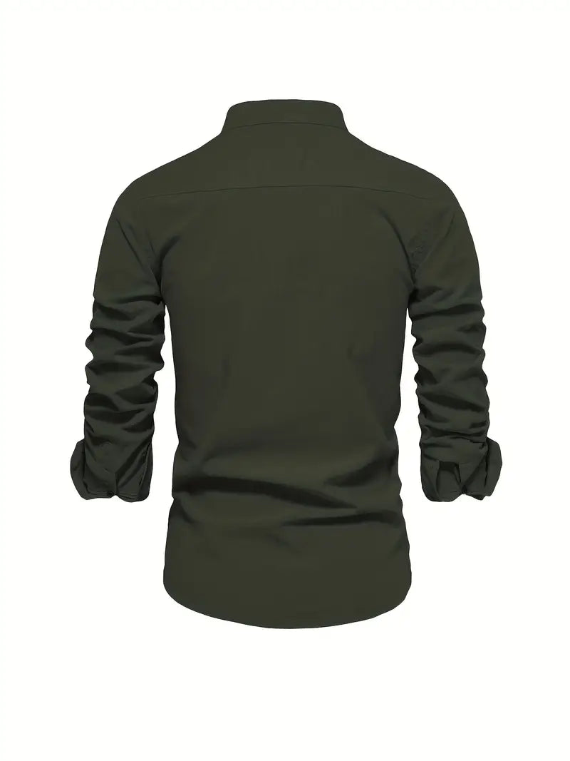 Heren Shirt Lange Mouw met Opstaande Kraag en Knoopsluiting