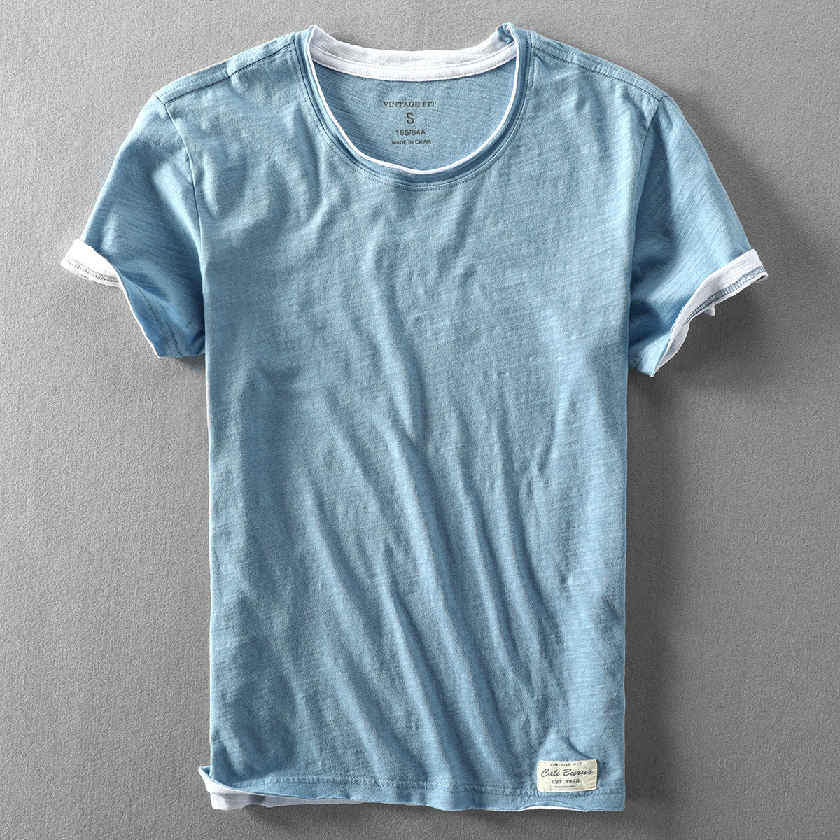 Heren T-shirt Korte Mouw met Ronde Hals en Vintage Fit Lichtblauw