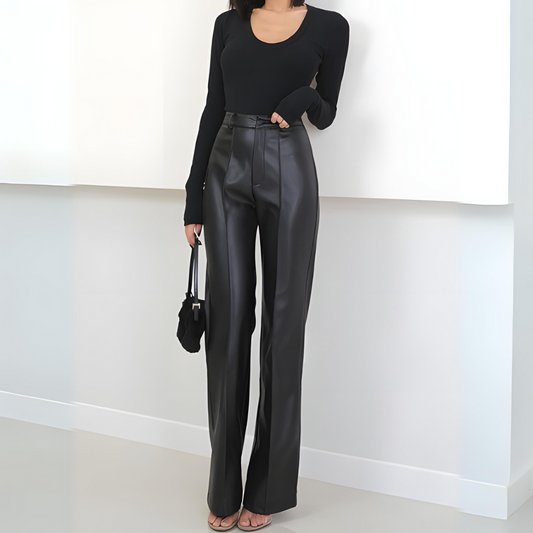Dames Hoge Taille Pantalon van Leer met Rits Zwart