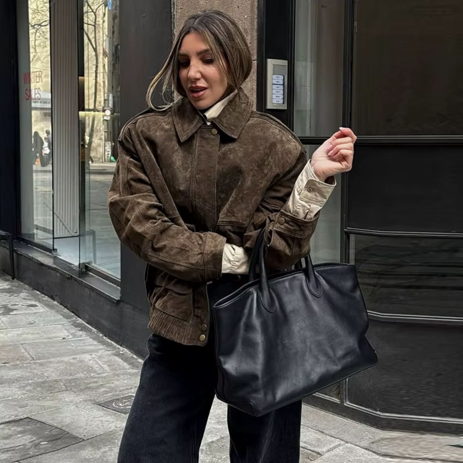 Dames Tussenjas Oversized met Knoopsluiting en Opstaande Kraag