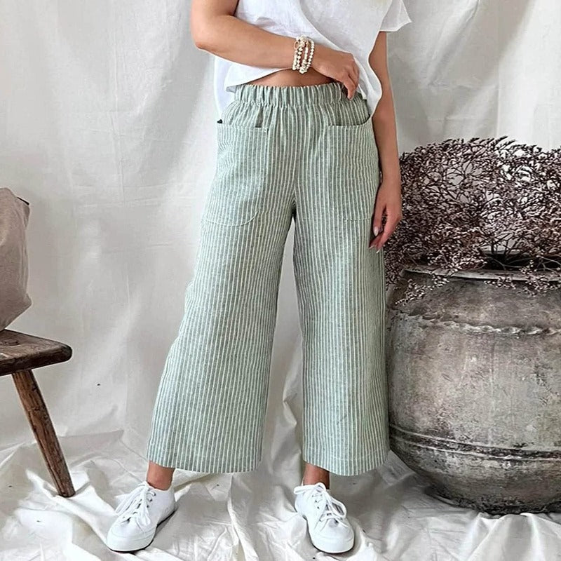 Dames Linnen Broek met Grote Broekzakken Groen
