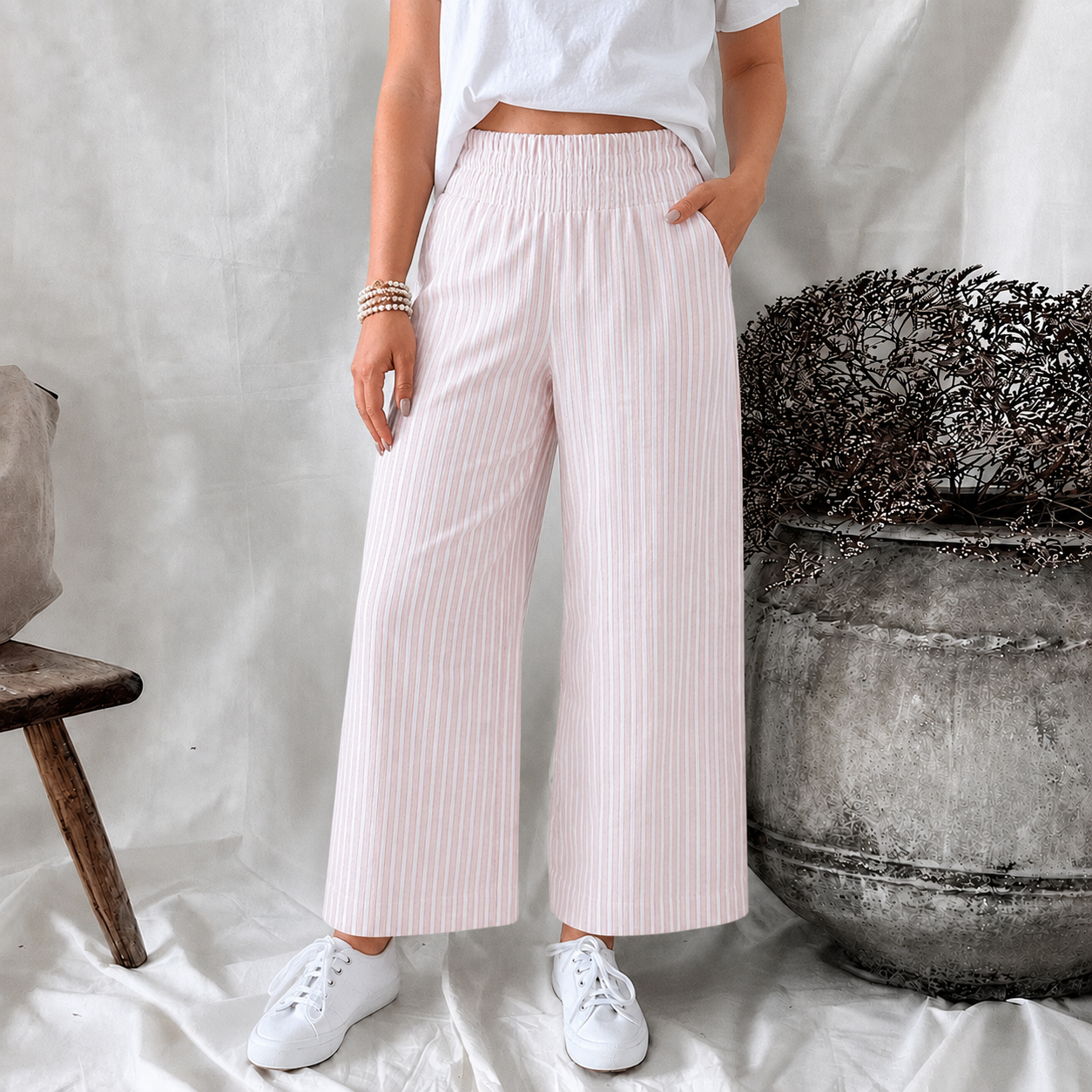 Dames Linnen Broek met Grote Broekzakken Roze