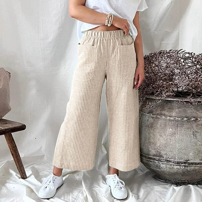 Dames Linnen Broek met Grote Broekzakken Beige